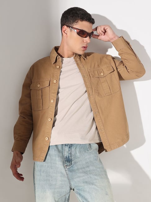 SHOWOFFFF Brown Cotton Solid Relaxed Fit Shacket