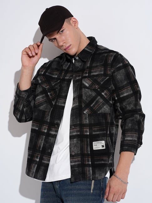 SHOWOFFFF Black Denim Checked Relaxed Fit Shacket-picture-10