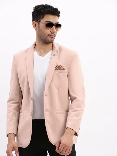 SHOWOFFFF Peach Cotton Solid Slim Fit Blazer