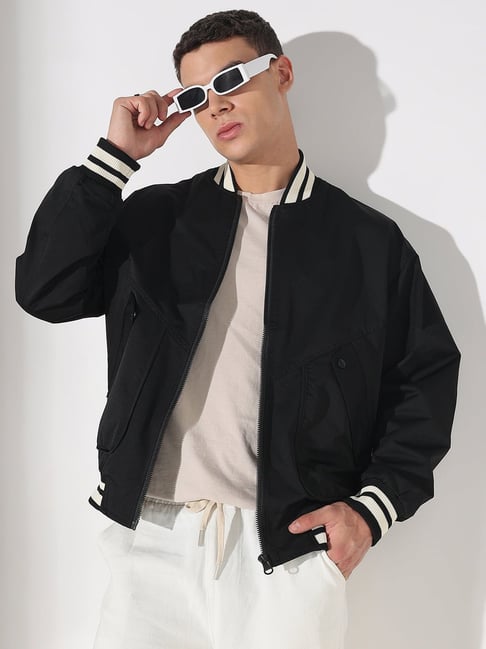 SHOWOFFFF Black Nylon Solid Regular Fit Jacket-image-49