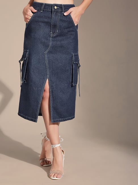 Life With Pockets Navy Blue Straight Fit Skirt-picture-47