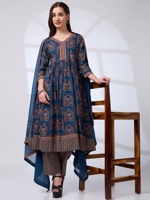 Globus Women Navy Blue Zari Embroidered V-Neck Ethnic Print Gotta Patti Fusion Kaftan Kurta-picture-28