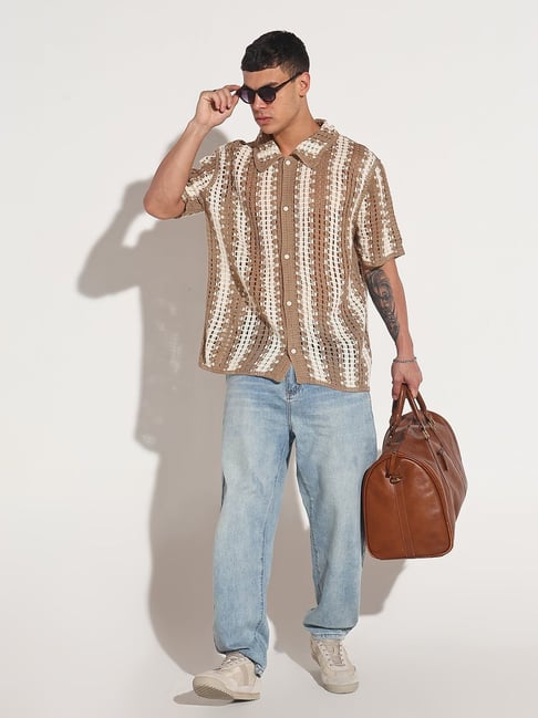 SHOWOFFFF Beige Relaxed Fit Crochet Shirt