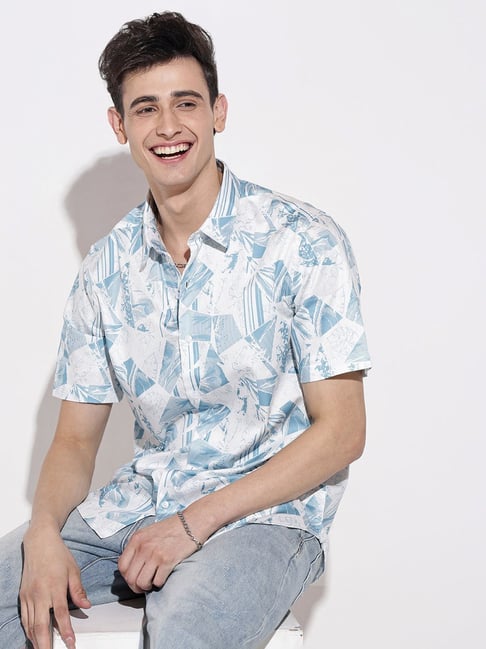 SHOWOFFFF White Cotton Regular Fit Printed Shirt