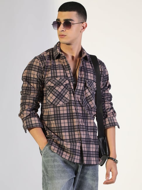 SHOWOFFFF Mauve Cotton Regular Fit Checks Shirt-picture-29