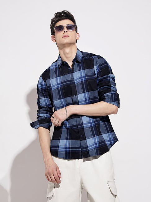 SHOWOFFFF Navy Cotton Regular Fit Checks Shirt-picture-37
