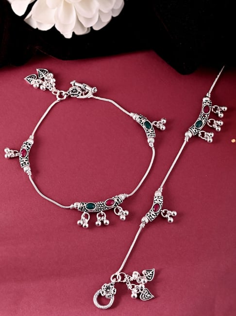 VOJ Silver Plated Red & Green Anklets for Women Set of 2-picture-20