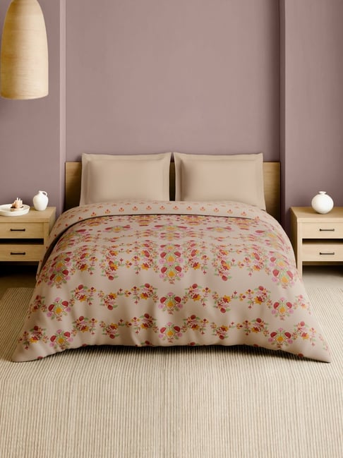 Spaces Beige Cotton Kashida Floral Printed Double Quilt