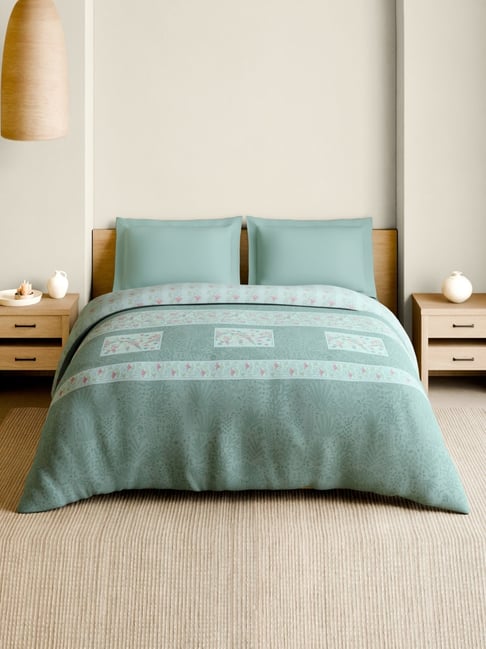 Spaces Light Blue Cotton Kantha Floral Printed Double Quilt