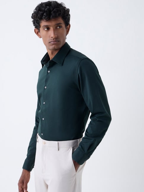 WES Formals by Westside Dark Green Slim-Fit Cotton-Blend Shirt