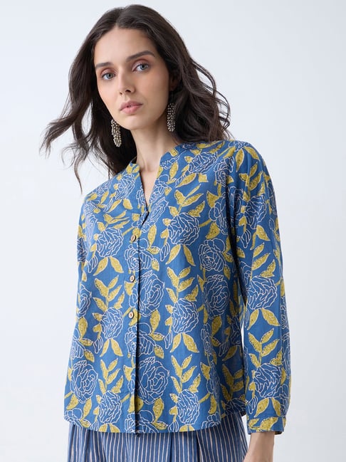 Utsa by Westside Indigo Foliage Printed Cotton Tunic-picture-30