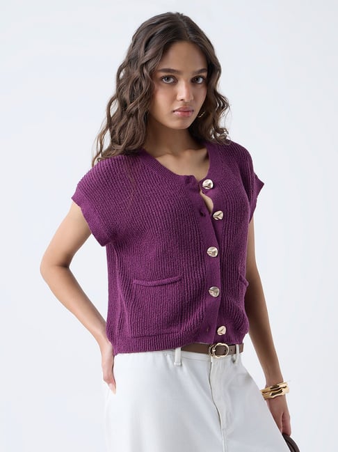 LOV by Westside Purple Self-Striped Cotton-Blend Cardigan