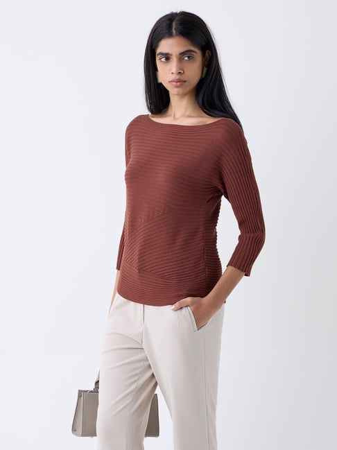 Wardrobe by Westside Brown Self-Striped Top