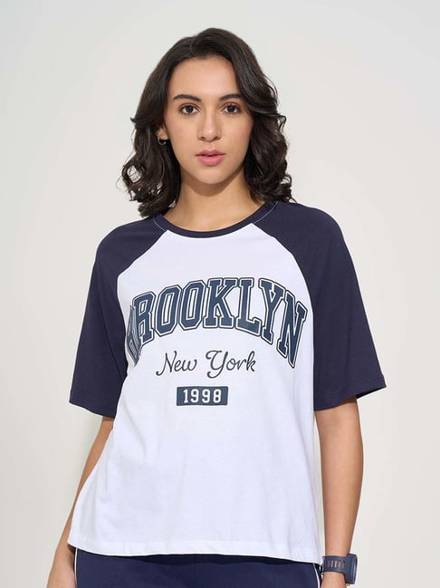 Ajile By Pantaloons Bright White Loose Fit Printed Sports T-Shirt