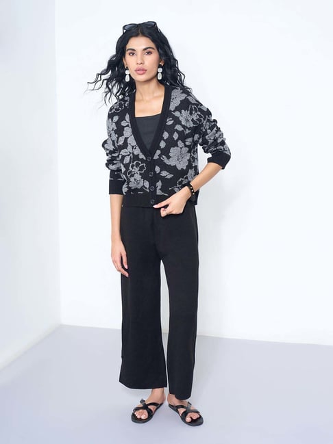 Akkriti By Pantaloons Jet Black Regular Fit Floral Print Cardigan