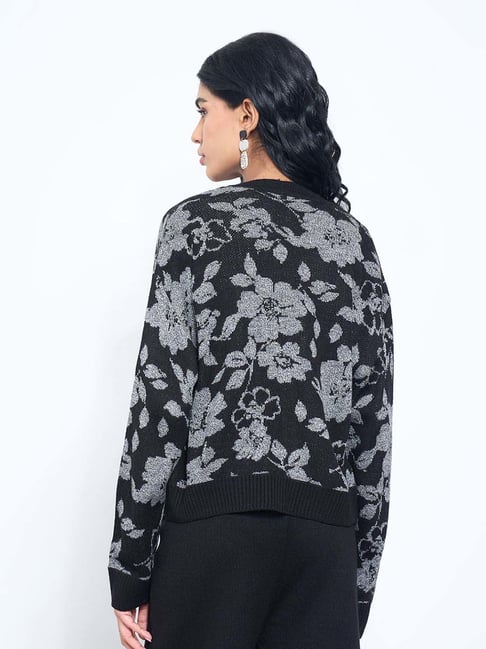 Akkriti By Pantaloons Jet Black Regular Fit Floral Print Cardigan