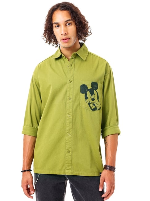 Bewakoof Official Disney Merchandise Men's Olive Green Mickey Graphic Printed Oversized Shirt-picture-15