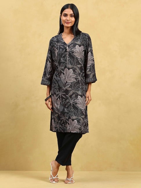 Rangriti Black Blended Printed Kurta