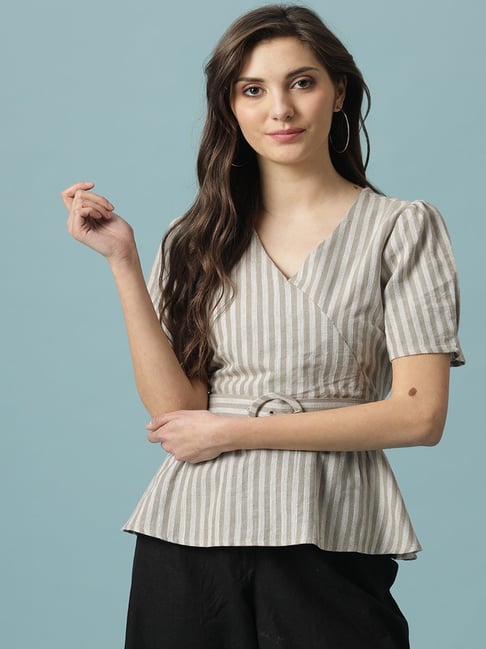 Gipsy Beige Linen Regular Fit Striped Top