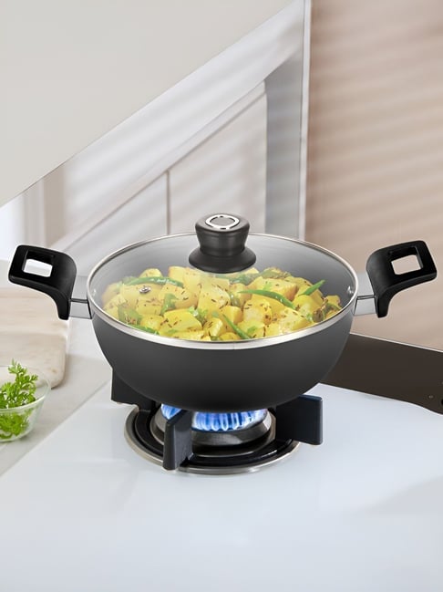 Borosil 4 L (26 cm) Hard Anodized Deep Kadai with Glass Lid ( Black )