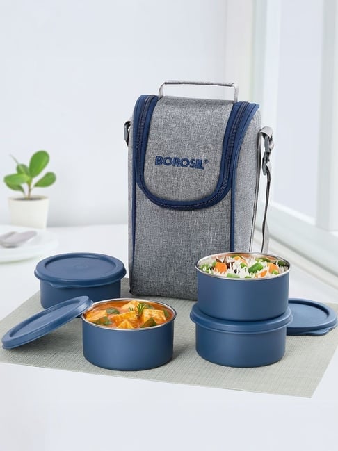 Borosil Carrymore Microwavable Stainless Steel Lunchbox with Bag ( 4 Piece )
