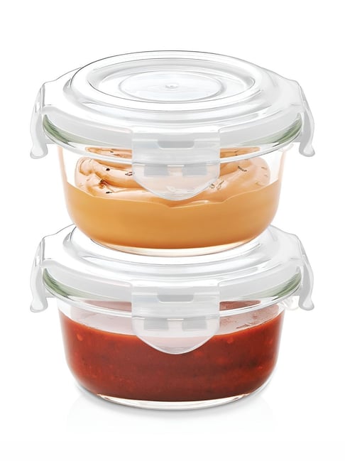 Borosil Transparent 240ml Round Glass Food Storage Container with Air Tight Lid (2 Piece)