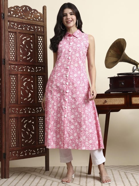 Yufta Pink Silk Floral Sleeveless Relaxed Fit Kurta