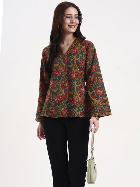 Yufta Green And Brown Cotton Floral Long Sleeves Straight Fit Top