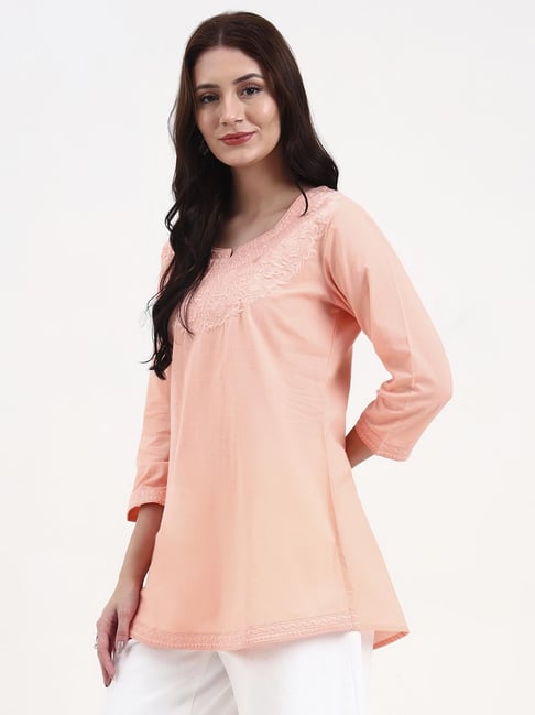 Yufta Peach Silk Embroidered Three-Quarter Sleeves Regular Fit Top
