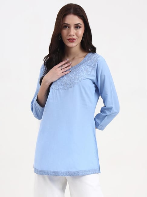 Yufta Blue Cotton Embroidered Three-Quarter Sleeves Regular Fit Top
