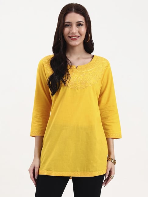 Yufta Yellow Silk Embroidered Three-Quarter Sleeves Regular Fit Top