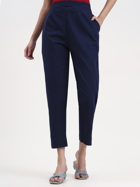 Yufta Navy Blue Silk Solid Mid Rise Straight Fit Trousers-picture-35