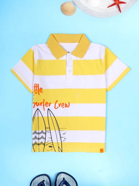 Kiddopanti Boys Yellow & White Cotton Striped Polo T-Shirt