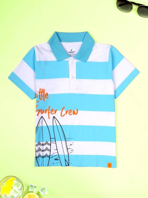 Kiddopanti Boys Sky Blue & White Cotton Striped Polo T-Shirt