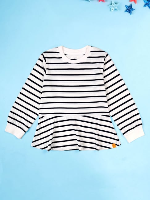 Kiddopanti Girls White Cotton Striped Top