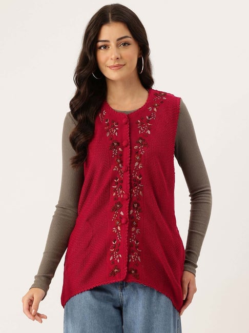 Apsley Maroon Regular Fit Embroidered Cardigan