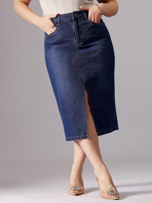 Miss Chase A+ Blue Denim Solid Skirts-picture-25