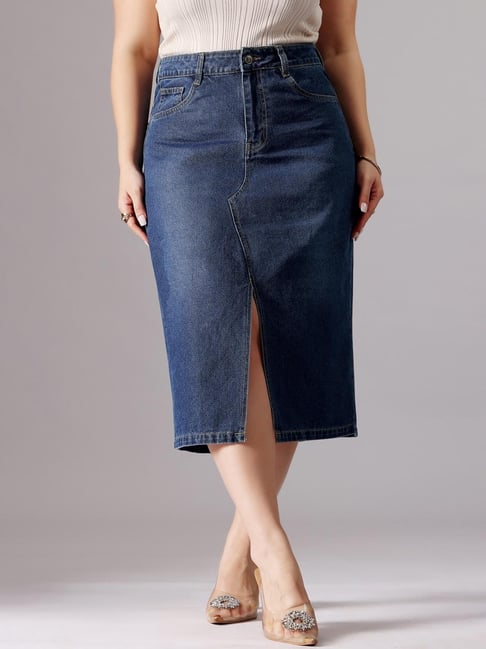 Miss Chase A+ Blue Denim Solid Skirts-picture-24