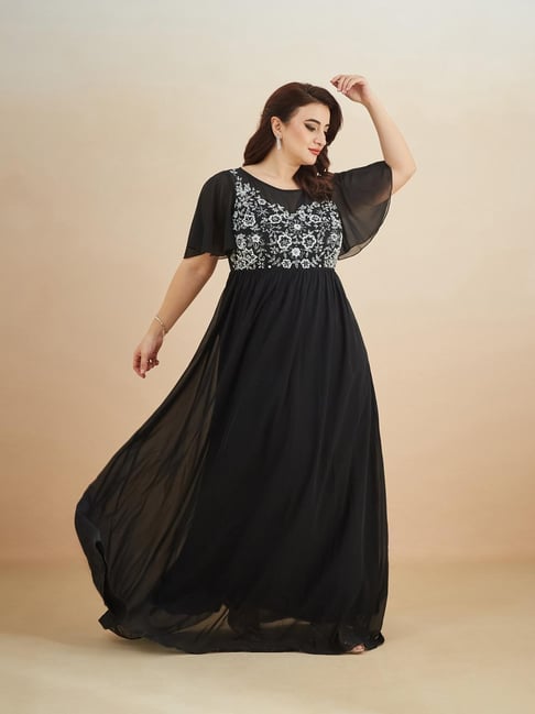 Miss Chase A+ Black Georgette Embroidered Fit & Flare Dress-image-33