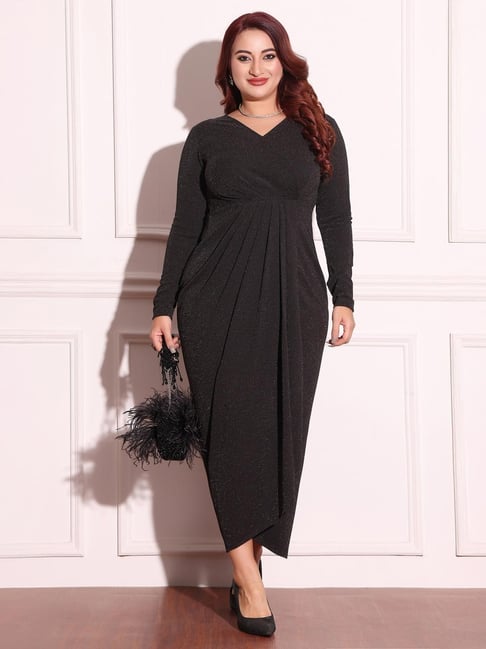 Miss Chase A+ Black Polyester Solid Wrap Dress
