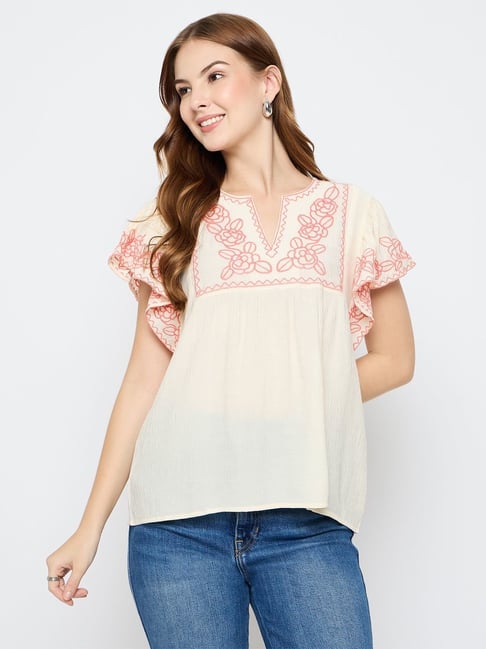 Madame Beige Regular Fit Embroidered Top