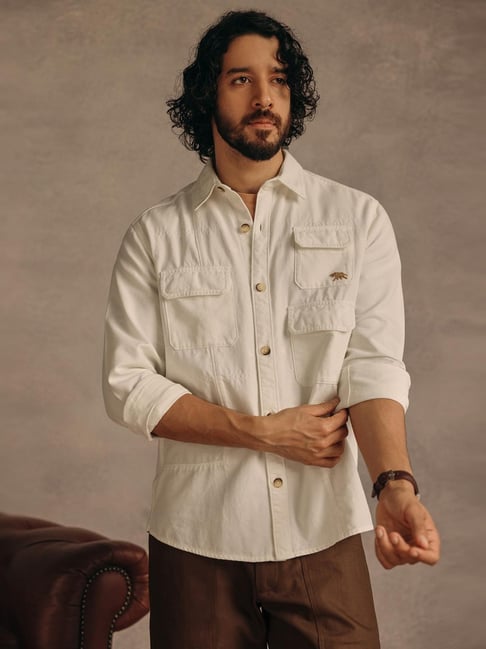 Andamen Escape Off-White Regular Fit Solid Overshirt-picture-42