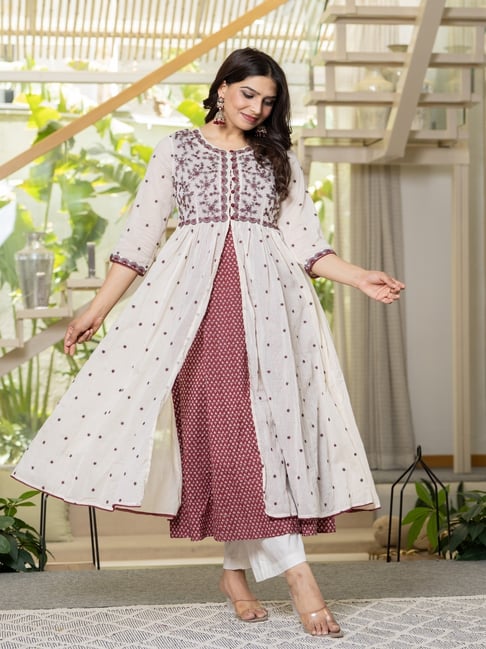 Juniper White & Red Cotton Layered Dress With Thread Work & Buttons