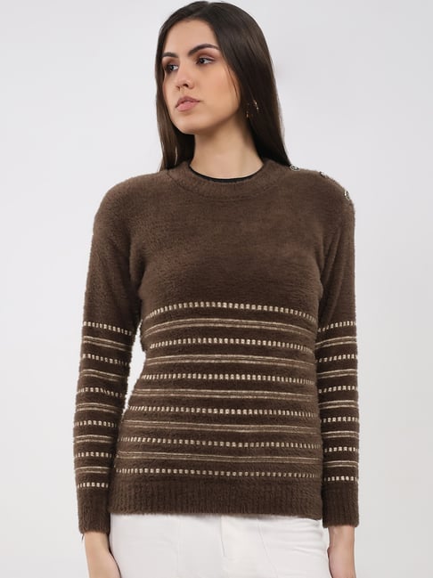 Monte Carlo Brown Regular Fit Striped Sweater