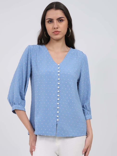 Monte Carlo Blue Regular Fit Self Pattern Top