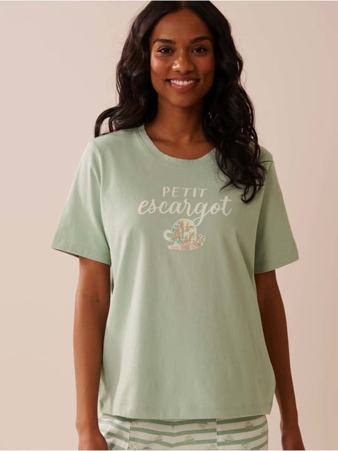 La Vie En Rose Green Cotton Regular Fit Printed Sleepwear T-Shirt-picture-40