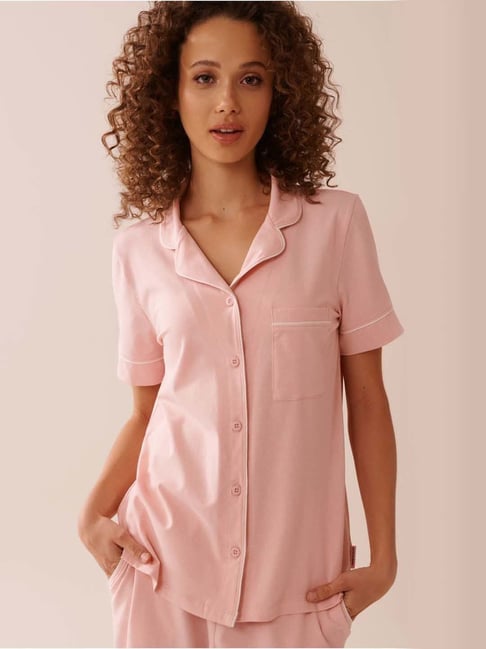 La Vie En Rose Pink Cotton Regular Fit Sleepwear Shirt-picture-33