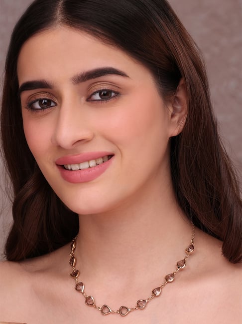 ToniQ Gold Polished Necklace with Smoky Mauve Teardrop Stones for Women