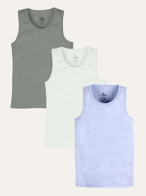 Kiddopanti Boys Dark Grey , White & Light Blue Cotton Vest Pack of 3