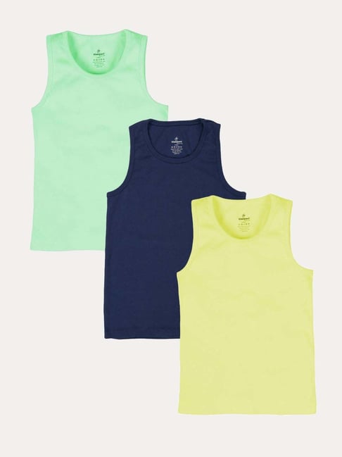 Kiddopanti Boys Yellow, Navy Blue & Pista Green Cotton Vest Pack of 3